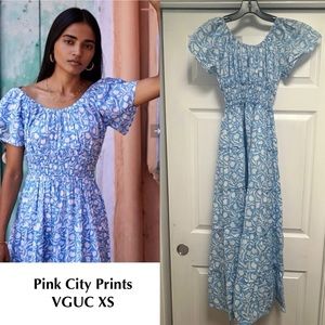 Pink City Prints Rah Rah Spanish Blue White Tulip Smocked Maxi Dress XS Cotton